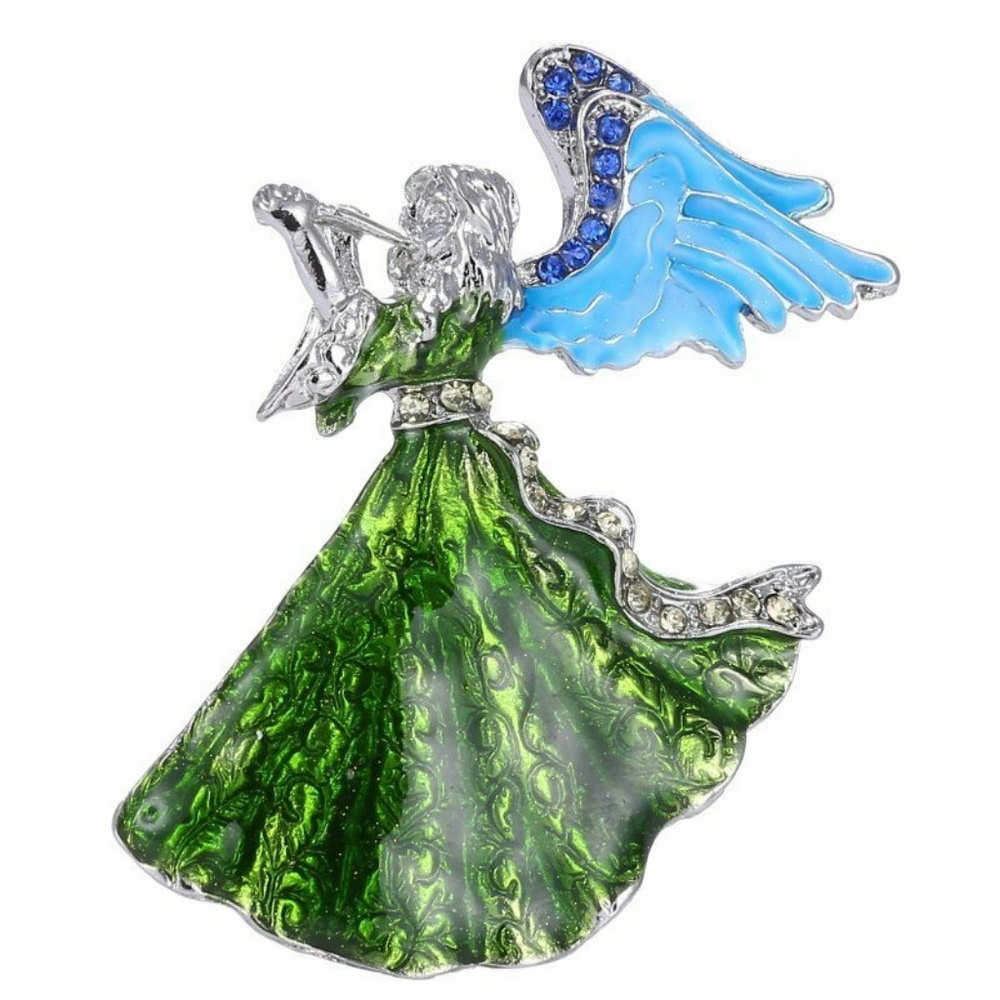 Green Enamel & Rhinestone Angel Brooch NWT